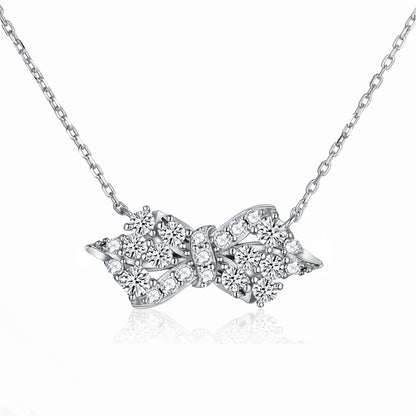 925 Sterling Silver Bow Pendant Necklace - Elegant Geometric Collarbone Chain with Zirconia