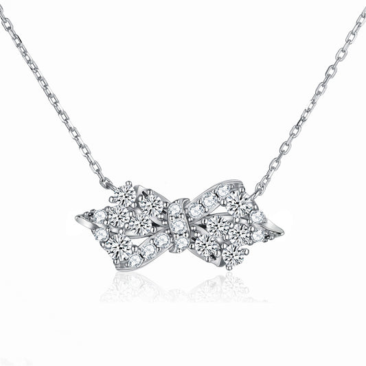 925 Sterling Silver Bow Pendant Necklace - Elegant Geometric Collarbone Chain with Zirconia