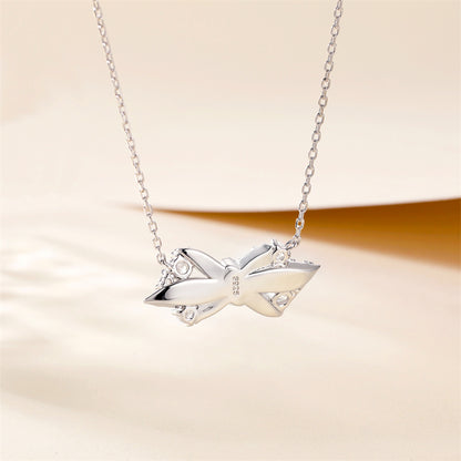 925 Sterling Silver Bow Pendant Necklace - Elegant Geometric Collarbone Chain with Zirconia