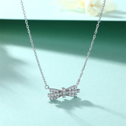 925 Sterling Silver Bow Pendant Necklace – Dainty Cubic Zirconia Collarbone Chain for Women