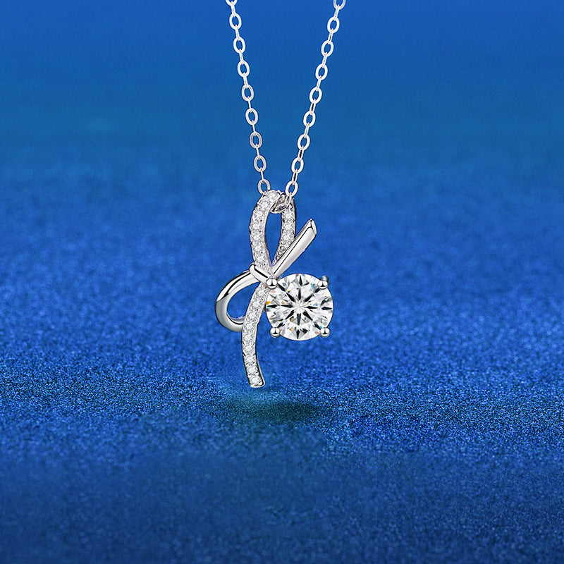 925 Sterling Silver Bow Pendant Necklace with 1ct Moissanite Classic Chain Women's White Gold Plated Elegant Jewelry