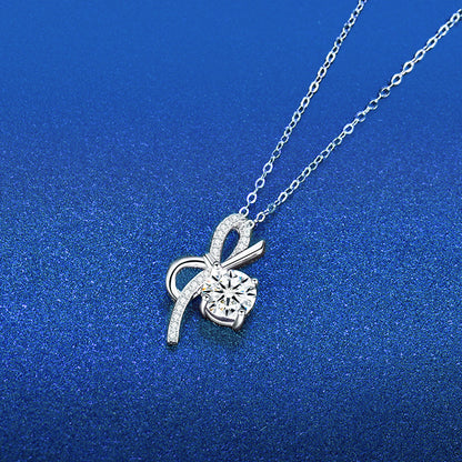 925 Sterling Silver Bow Pendant Necklace with 1ct Moissanite Classic Chain Women's White Gold Plated Elegant Jewelry