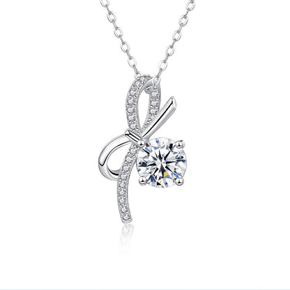 925 Sterling Silver Bow Pendant Necklace with 1ct Moissanite Classic Chain Women's White Gold Plated Elegant Jewelry