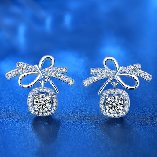 925 Sterling Silver Bow Shaped Stud Earrings with 0.5ct Moissanite Dainty Elegant Jewelry for Women