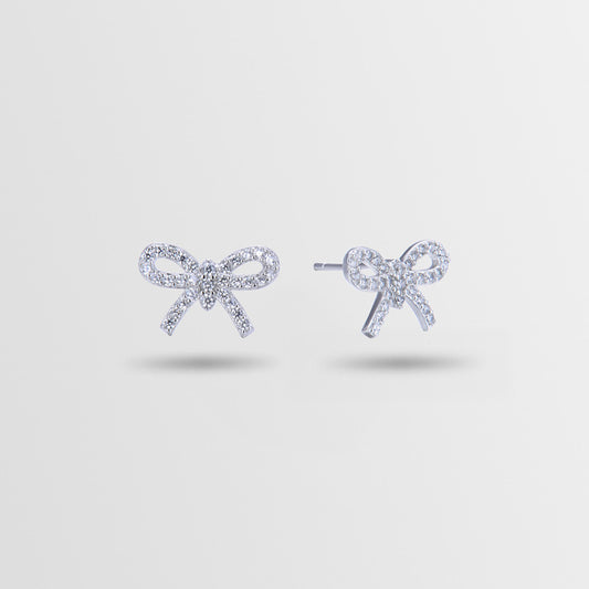 925 Sterling Silver Bow Stud Earrings - Korean Style Diamond Accent Geometric Earrings with Plastic Stoppers