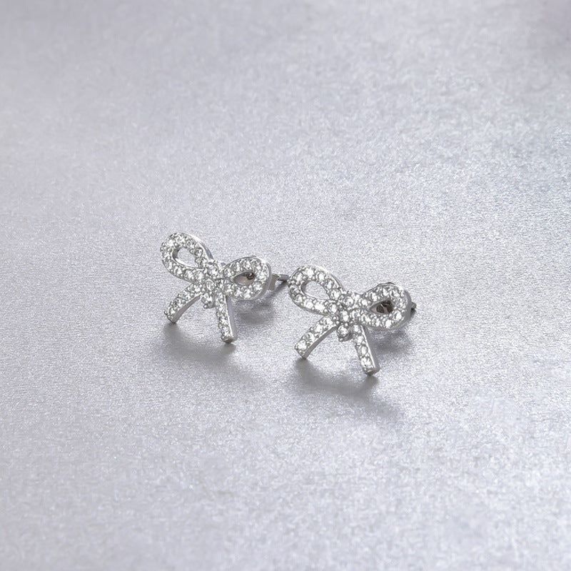925 Sterling Silver Bow Stud Earrings - Korean Style Diamond Accent Geometric Earrings with Plastic Stoppers