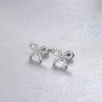 925 Sterling Silver Bow Stud Earrings - Korean Style Diamond Accent Geometric Earrings with Plastic Stoppers