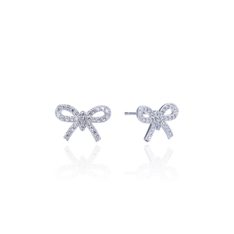 925 Sterling Silver Bow Stud Earrings - Korean Style Diamond Accent Geometric Earrings with Plastic Stoppers