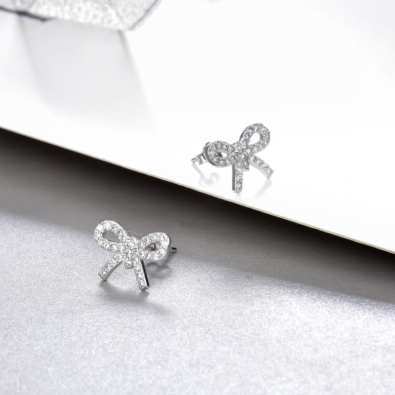 925 Sterling Silver Bow Stud Earrings - Korean Style Diamond Accent Geometric Earrings with Plastic Stoppers