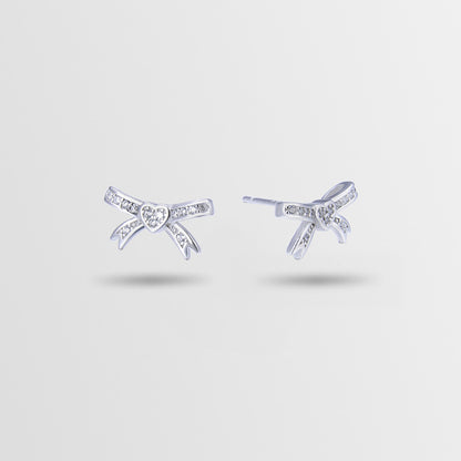 925 Sterling Silver Bow Stud Earrings - White Gold/White CZ & Rose Gold/Purple CZ Korean Style Earrings with Plastic Backs