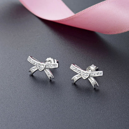 925 Sterling Silver Bow Stud Earrings - White Gold/White CZ & Rose Gold/Purple CZ Korean Style Earrings with Plastic Backs