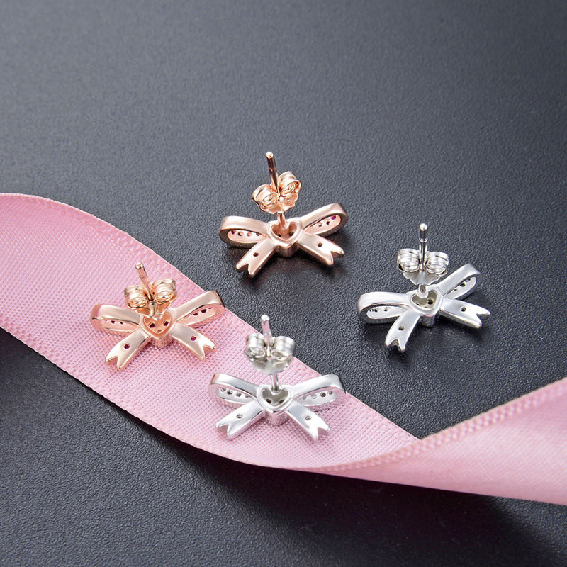 925 Sterling Silver Bow Stud Earrings - White Gold/White CZ & Rose Gold/Purple CZ Korean Style Earrings with Plastic Backs