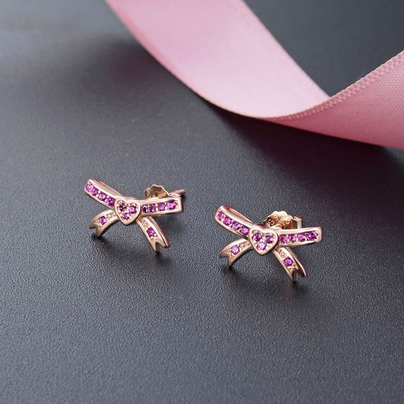 925 Sterling Silver Bow Stud Earrings - White Gold/White CZ & Rose Gold/Purple CZ Korean Style Earrings with Plastic Backs