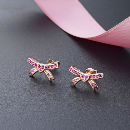 925 Sterling Silver Bow Stud Earrings - White Gold/White CZ & Rose Gold/Purple CZ Korean Style Earrings with Plastic Backs