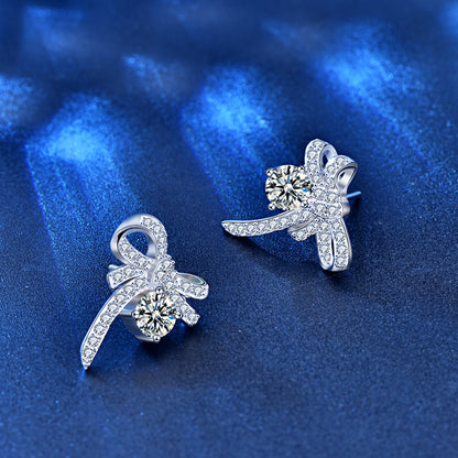 925 Sterling Silver Bow Stud Earrings with 0.5ct Moissanite Micro-Paved Minimalist Elegant Jewelry for Women