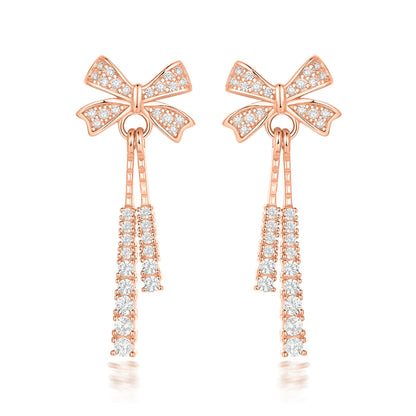 925 Sterling Silver Bow Tassel Earrings for Women Elegant Zircon Stud Earrings in White Gold Rose Gold and Yellow Gold