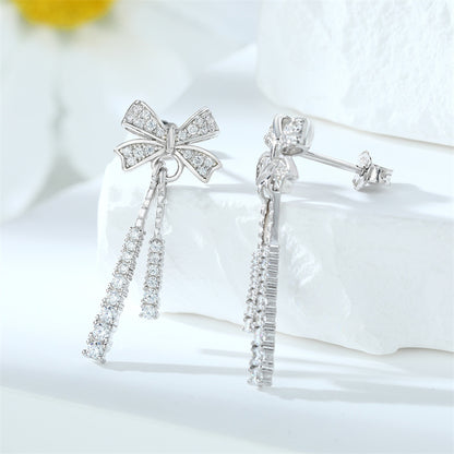 925 Sterling Silver Bow Tassel Earrings for Women Elegant Zircon Stud Earrings in White Gold Rose Gold and Yellow Gold