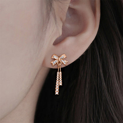 925 Sterling Silver Bow Tassel Earrings for Women Elegant Zircon Stud Earrings in White Gold Rose Gold and Yellow Gold