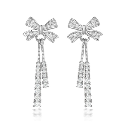 925 Sterling Silver Bow Tassel Earrings for Women Elegant Zircon Stud Earrings in White Gold Rose Gold and Yellow Gold