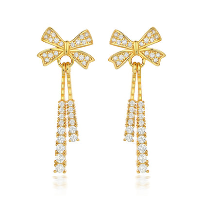 925 Sterling Silver Bow Tassel Earrings for Women Elegant Zircon Stud Earrings in White Gold Rose Gold and Yellow Gold