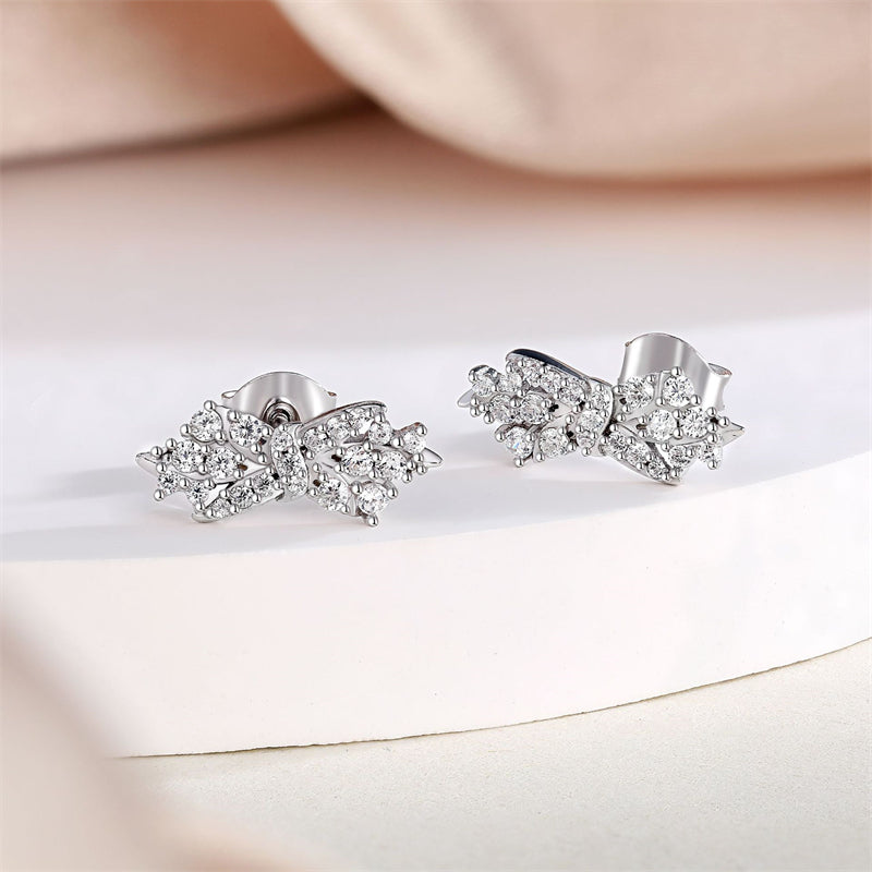 925 Sterling Silver Bow Wing Earrings for Women Elegant Zircon Accented Stud Earrings White Gold Plated