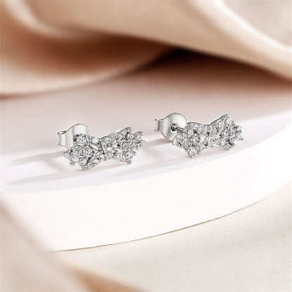 925 Sterling Silver Bow Wing Earrings for Women Elegant Zircon Accented Stud Earrings White Gold Plated