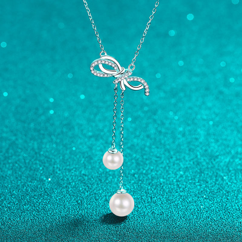 925 Sterling Silver Bow & Tassel Necklace - 15.7-Point Moissanite & 6/8mm Pearl Elegant Layered Choker
