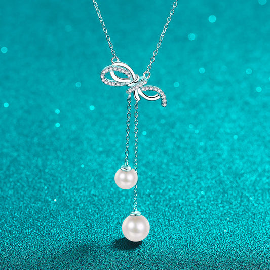 925 Sterling Silver Bow & Tassel Necklace - 15.7-Point Moissanite & 6/8mm Pearl Elegant Layered Choker