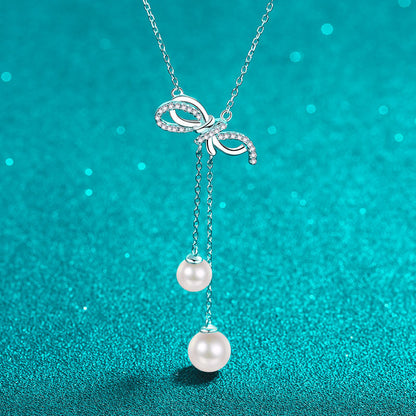 925 Sterling Silver Bow & Tassel Necklace - 15.7-Point Moissanite & 6/8mm Pearl Elegant Layered Choker