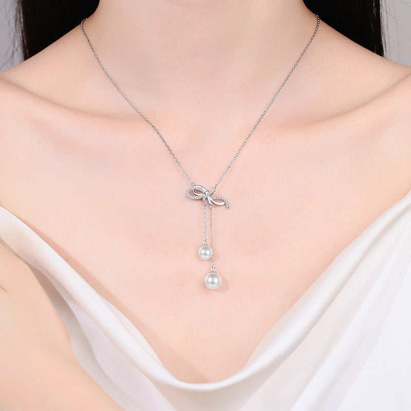 925 Sterling Silver Bow & Tassel Necklace - 15.7-Point Moissanite & 6/8mm Pearl Elegant Layered Choker