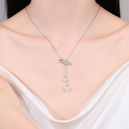 925 Sterling Silver Bow & Tassel Necklace - 15.7-Point Moissanite & 6/8mm Pearl Elegant Layered Choker