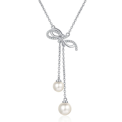 925 Sterling Silver Bow & Tassel Necklace - 15.7-Point Moissanite & 6/8mm Pearl Elegant Layered Choker