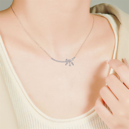 925 Sterling Silver Bow & Teardrop Pendant Necklace - Elegant SKA Collarbone Chain