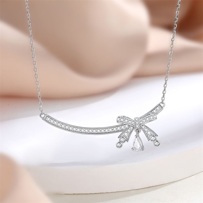 925 Sterling Silver Bow & Teardrop Pendant Necklace - Elegant SKA Collarbone Chain