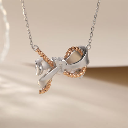 925 Sterling Silver Braided Bow Pendant Necklace - Elegant Two-Tone Collarbone Chain