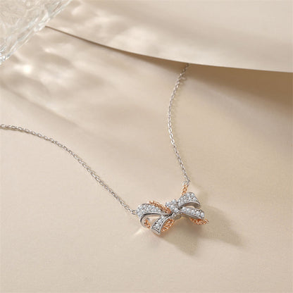 925 Sterling Silver Braided Bow Pendant Necklace - Elegant Two-Tone Collarbone Chain