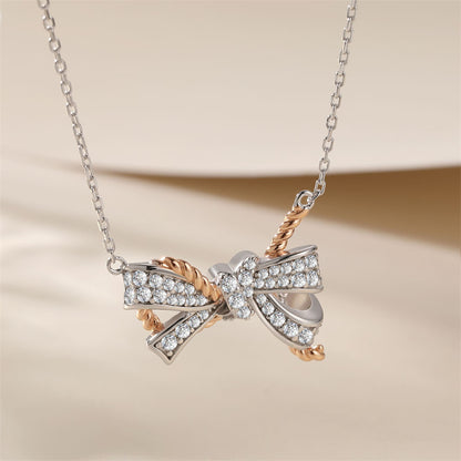 925 Sterling Silver Braided Bow Pendant Necklace - Elegant Two-Tone Collarbone Chain