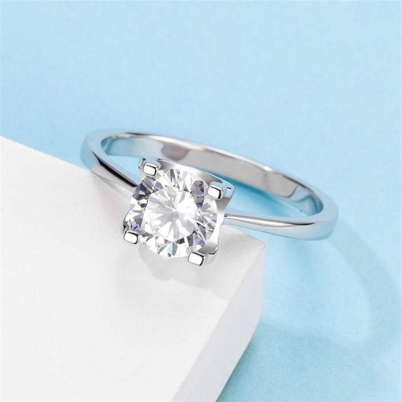 925 Sterling Silver Bullhead Four-Prong Solitaire Ring - Classic Straight Band Engagement Ring