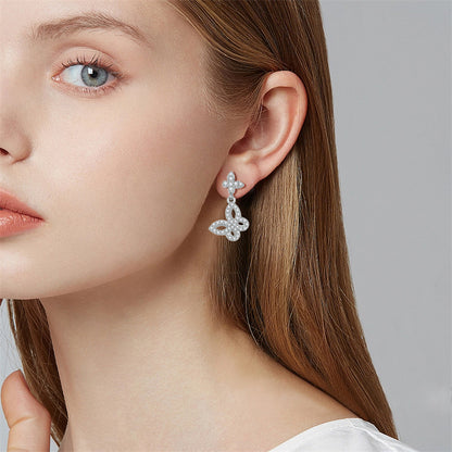 925 Sterling Silver Butterfly Bow Earrings for Women Elegant Tassel Dangle Earrings White Gold Plated