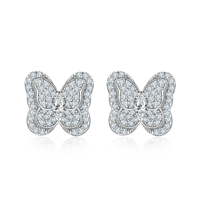 925 Sterling Silver Butterfly Stud Earrings – Elegant Zircon Bow Design for Women