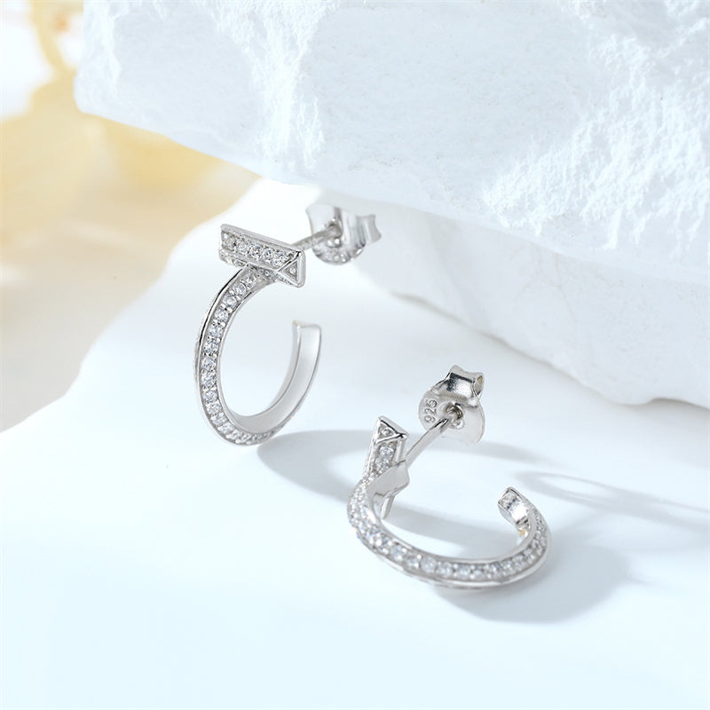 925 Sterling Silver C-Hoop Earrings - Elegant Zircon Double Circle Studs for Women