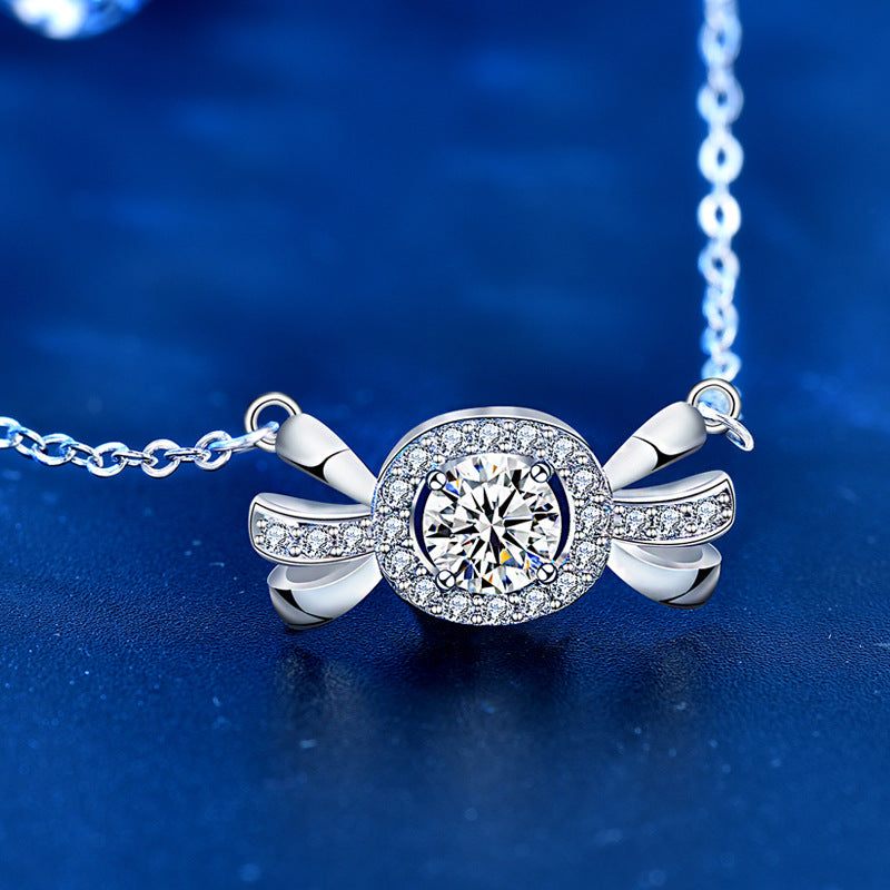 925 Sterling Silver Candy Pendant Necklace with 0.5ct Moissanite & Cross Chain Sweet Playful Jewelry for Women