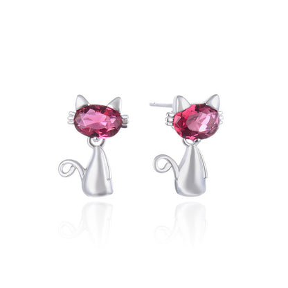 925 Sterling Silver Cat Stud Earrings - White Gold Plated Cute Cartoon Earrings with Plastic Backs