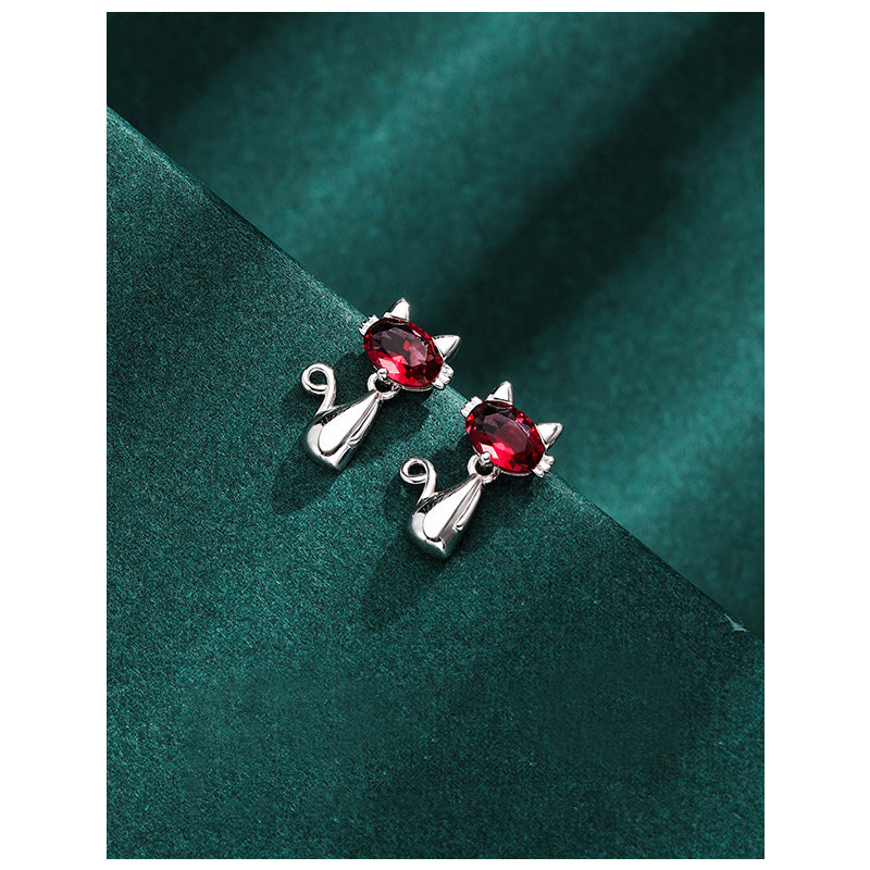 925 Sterling Silver Cat Stud Earrings - White Gold Plated Cute Cartoon Earrings with Plastic Backs