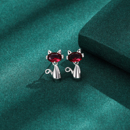 925 Sterling Silver Cat Stud Earrings - White Gold Plated Cute Cartoon Earrings with Plastic Backs