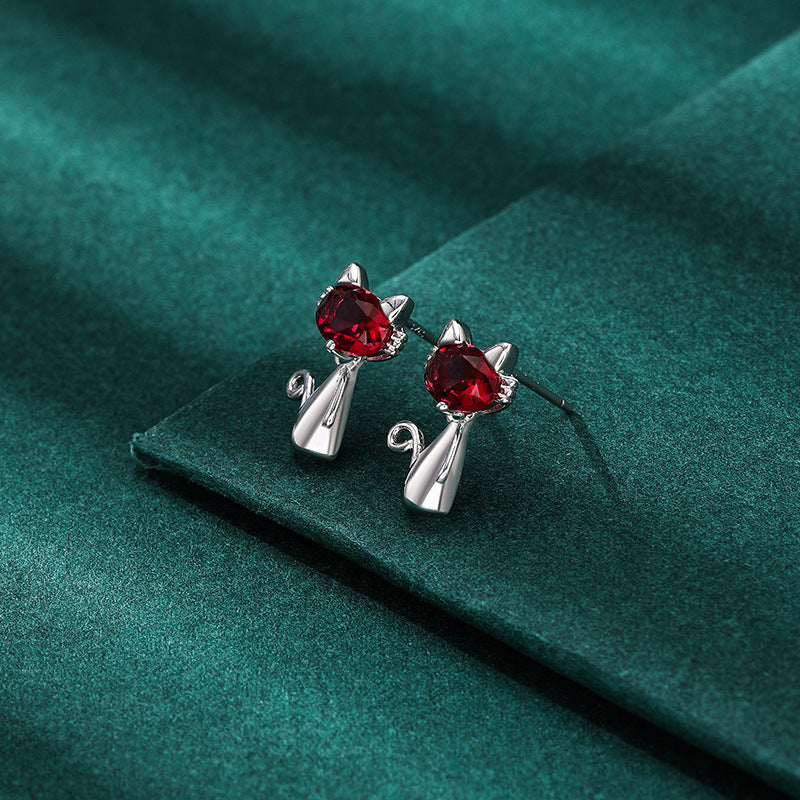 925 Sterling Silver Cat Stud Earrings - White Gold Plated Cute Cartoon Earrings with Plastic Backs
