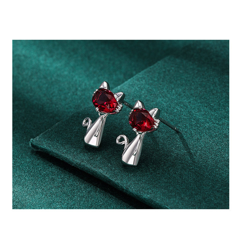 925 Sterling Silver Cat Stud Earrings - White Gold Plated Cute Cartoon Earrings with Plastic Backs