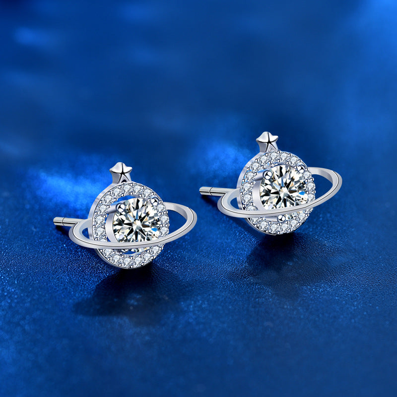 925 Sterling Silver Celestial Stud Earrings with 0.5ct White Moissanite Elegant Planet-Themed Jewelry for Women