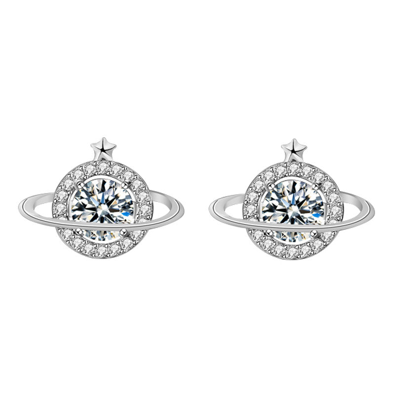925 Sterling Silver Celestial Stud Earrings with 0.5ct White Moissanite Elegant Planet-Themed Jewelry for Women