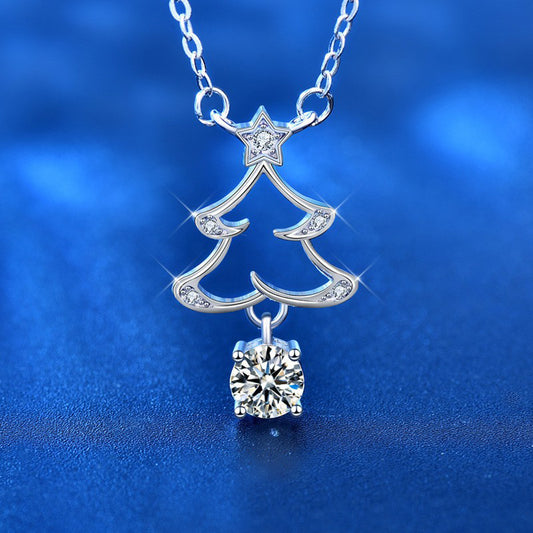 925 Sterling Silver Christmas Bell Pendant Necklace with 0.5ct Moissanite Cross Chain Women's Holiday Jewelry